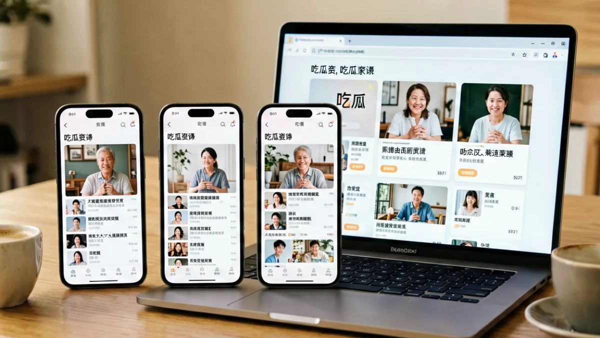 多个每日吃瓜平台界面并排展示，用户正在不同屏幕上浏览热点八卦内容